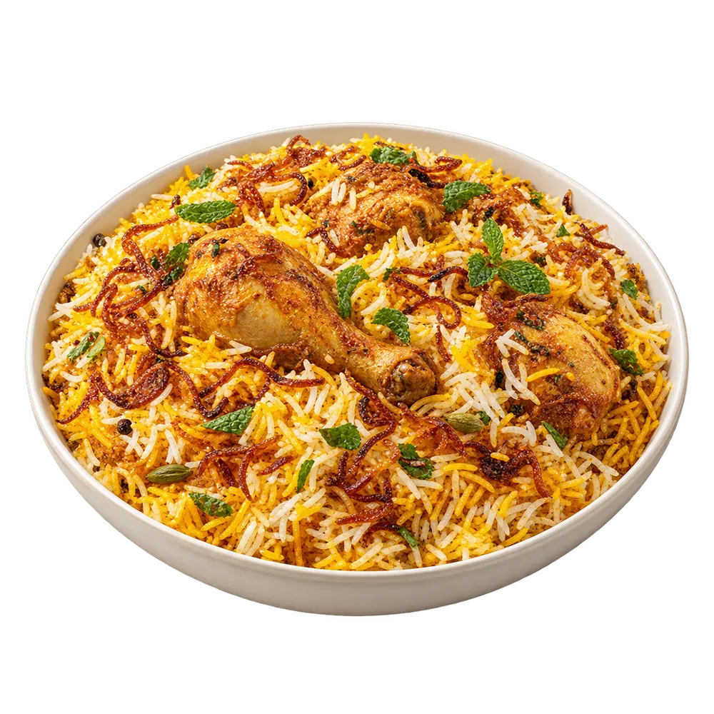 An abundant bowl of chicken biryani, a serving suggestion