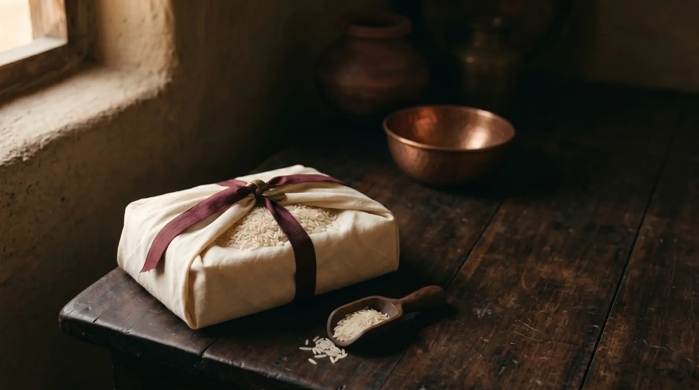 A cloth-wrapped gift of premium rice tied with a deep oxblood ribbon on dark wood