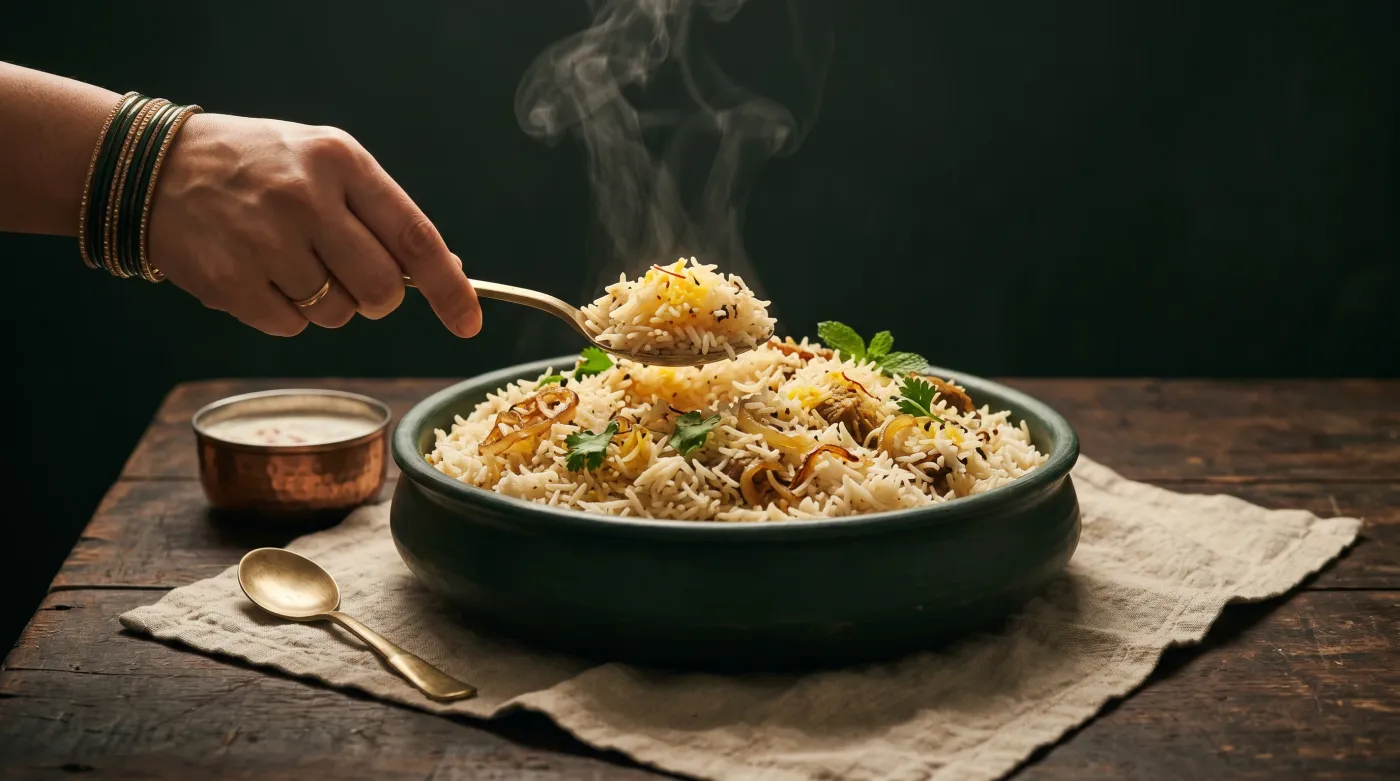 Biryani served from a dark handi at a Lahore table, a bangled hand spooning the rice