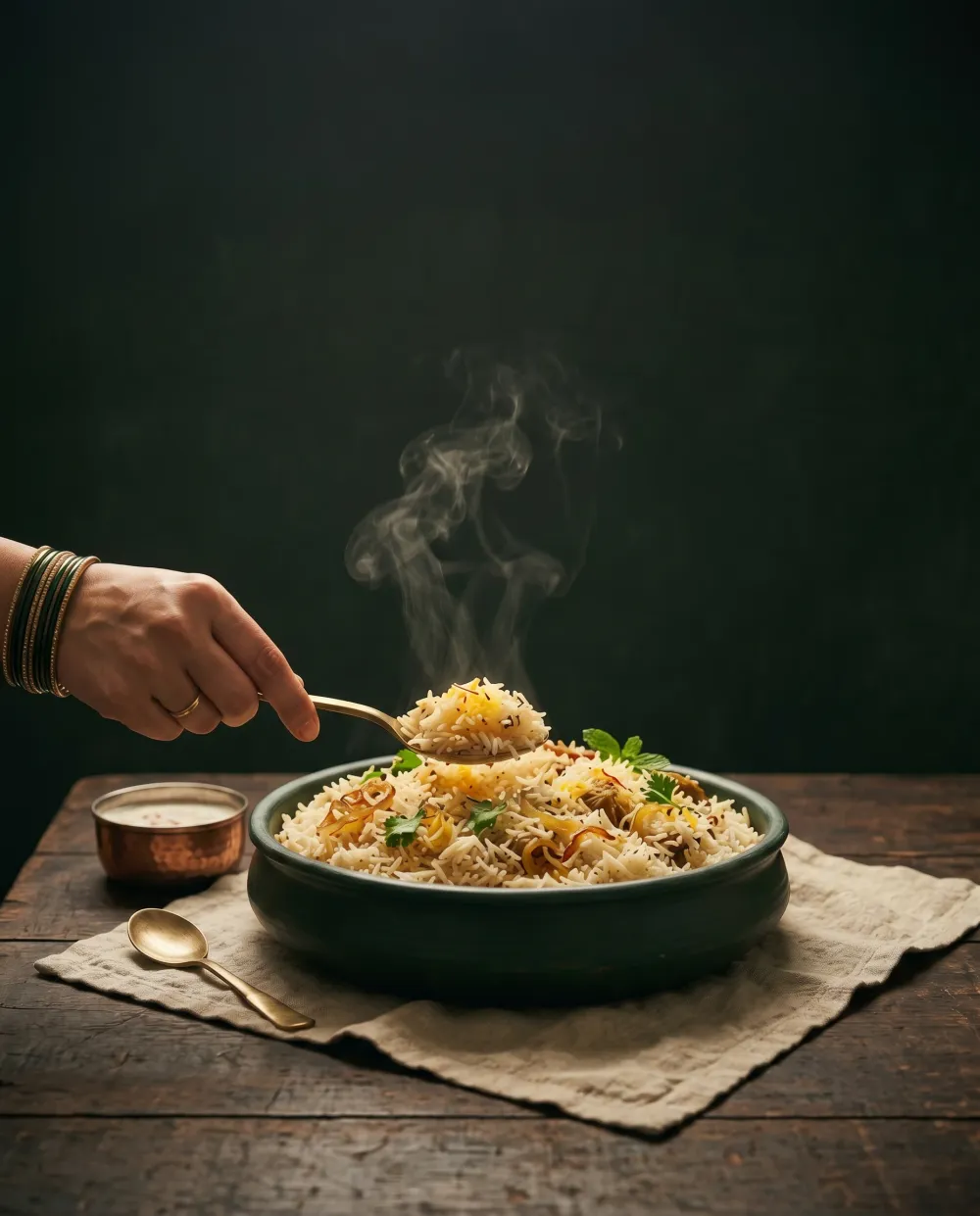 Illustrative serving of a rice dish in a bowl