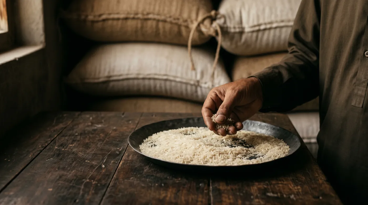 A hand assessing basmati on a tray during selection, supply sacks behind